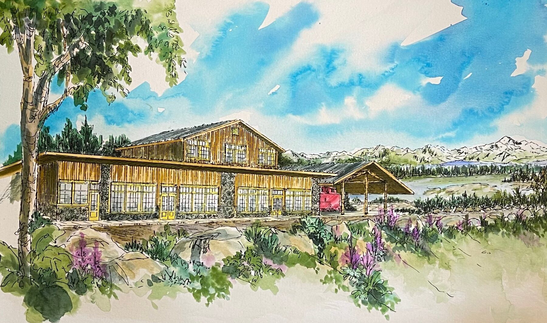 Watercolor concept rendering of the timber main entry building