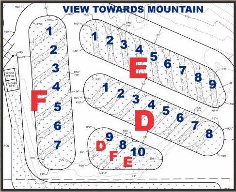 Plan of RV sites in loops D, E and F, viewed towards the mountain