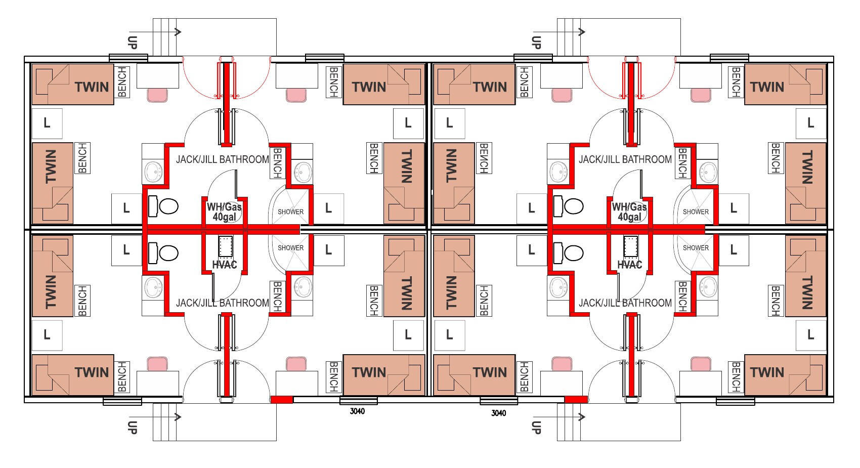 Floor plan of male and female twin rooms with jack-and-jill bathrooms