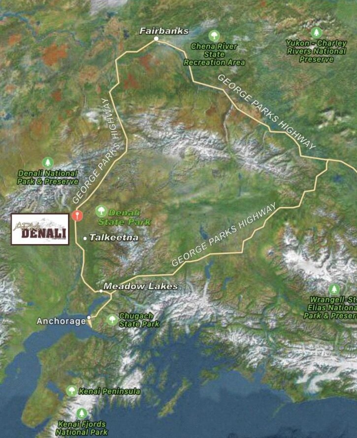 Vicinity map showing ARK@Denali on the Parks Highway between Anchorage and Denali National Park